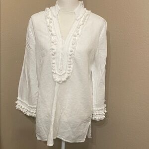 New Chico’s Linen Fringe Kurta Embellished White with Pom Pom Trim Size 1 (8/10)